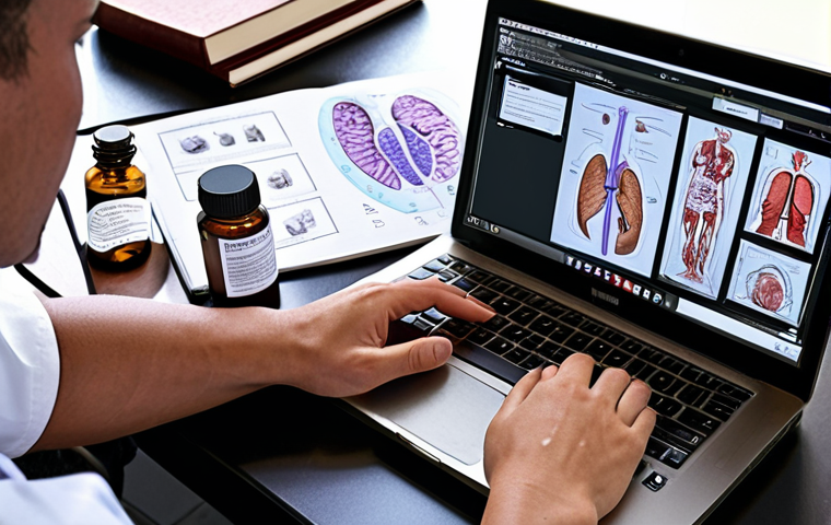 **

> A focused EMT exam candidate studying intensely with textbooks, medical diagrams, and past papers scattered around.  A laptop displays a YouTube medical lecture.  Visible are also a human anatomy model and aromatherapy diffuser with lavender oil. The scene should convey diligent preparation and a multi-faceted learning approach.

**