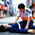 A Japanese paramedic (救急救命士) in a busy urban setting, wearing their uniform and attending to an injured person. The scene should convey a sense of urgency and professionalism. Use realistic lighting and a slightly blurred background to focus on the action. Include Japanese characters (救急救命士) subtly in the background signage.
