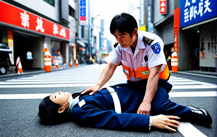 A Japanese paramedic (救急救命士) in a busy urban setting, wearing their uniform and attending to an injured person. The scene should convey a sense of urgency and professionalism. Use realistic lighting and a slightly blurred background to focus on the action. Include Japanese characters (救急救命士) subtly in the background signage.