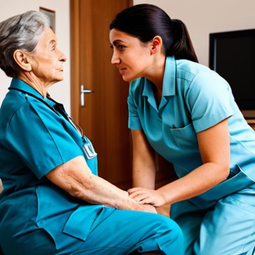 **

"A fully clothed, professional female paramedic in a modest uniform, kneeling beside an elderly patient in a cozy living room setting. Medical equipment is visible but not overly prominent. The scene conveys warmth and concern. Safe for work, appropriate content, perfect anatomy, natural proportions, family-friendly, professional photography."

**