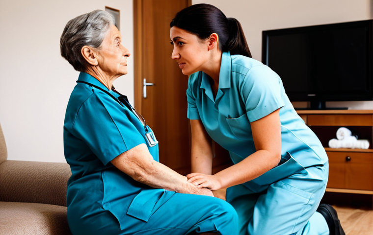**

"A fully clothed, professional female paramedic in a modest uniform, kneeling beside an elderly patient in a cozy living room setting. Medical equipment is visible but not overly prominent. The scene conveys warmth and concern. Safe for work, appropriate content, perfect anatomy, natural proportions, family-friendly, professional photography."

**