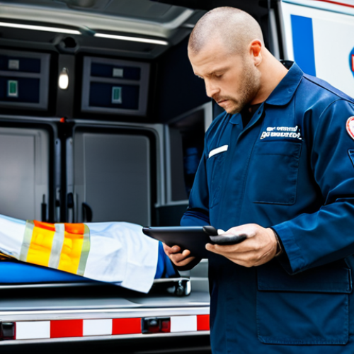 **

A fully clothed EMT, professional and focused, using a tablet to access patient records at an emergency scene. The scene shows a modern ambulance in the background with appropriate medical equipment visible. Perfect anatomy, correct proportions, well-formed hands. Safe for work, appropriate content, family-friendly, professional scene.

**