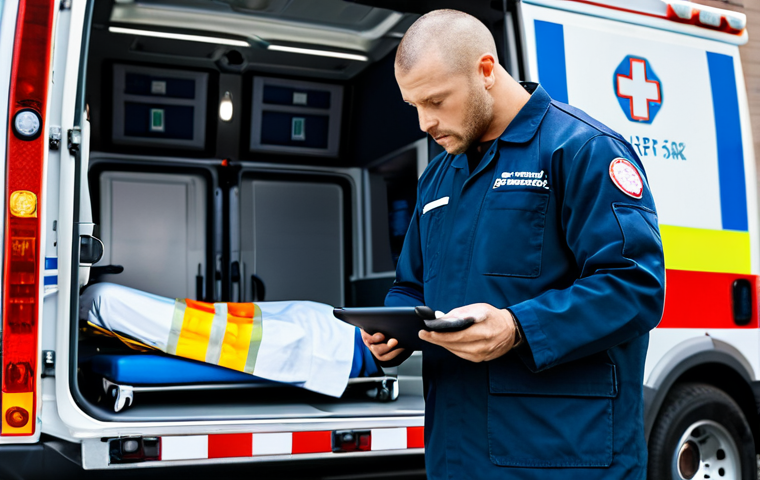 **

A fully clothed EMT, professional and focused, using a tablet to access patient records at an emergency scene. The scene shows a modern ambulance in the background with appropriate medical equipment visible. Perfect anatomy, correct proportions, well-formed hands. Safe for work, appropriate content, family-friendly, professional scene.

**
