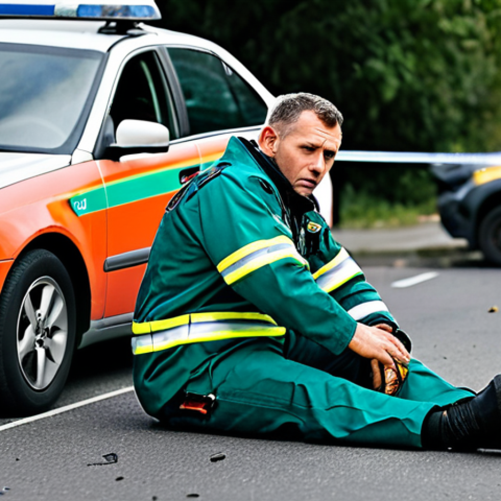 응급구조사 출동 후 환자 이송 평가 - Emergency Scene Assessment**
A fully clothed, professional paramedic arriving at a car accident sce...