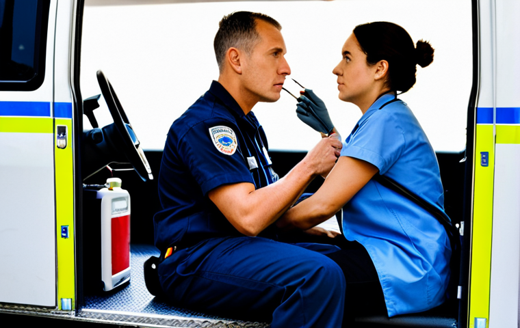 응급구조사 출동 후 환자 이송 평가 - Emergency Scene Assessment**
A fully clothed, professional paramedic arriving at a car accident sce... 응급구조사 출동 후 환자 이송 평가 - Emergency Scene Assessment**
A fully clothed, professional paramedic arriving at a car accident sce...