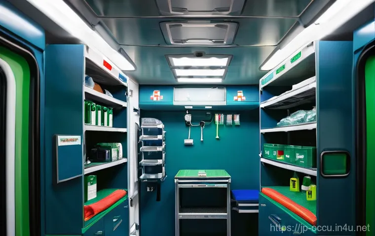 응급구조사 출동 준비물 체크리스트 - **Prompt 1: Dedicated Pre-Deployment Check**
    "A clean, well-lit ambulance bay with two paramedic...