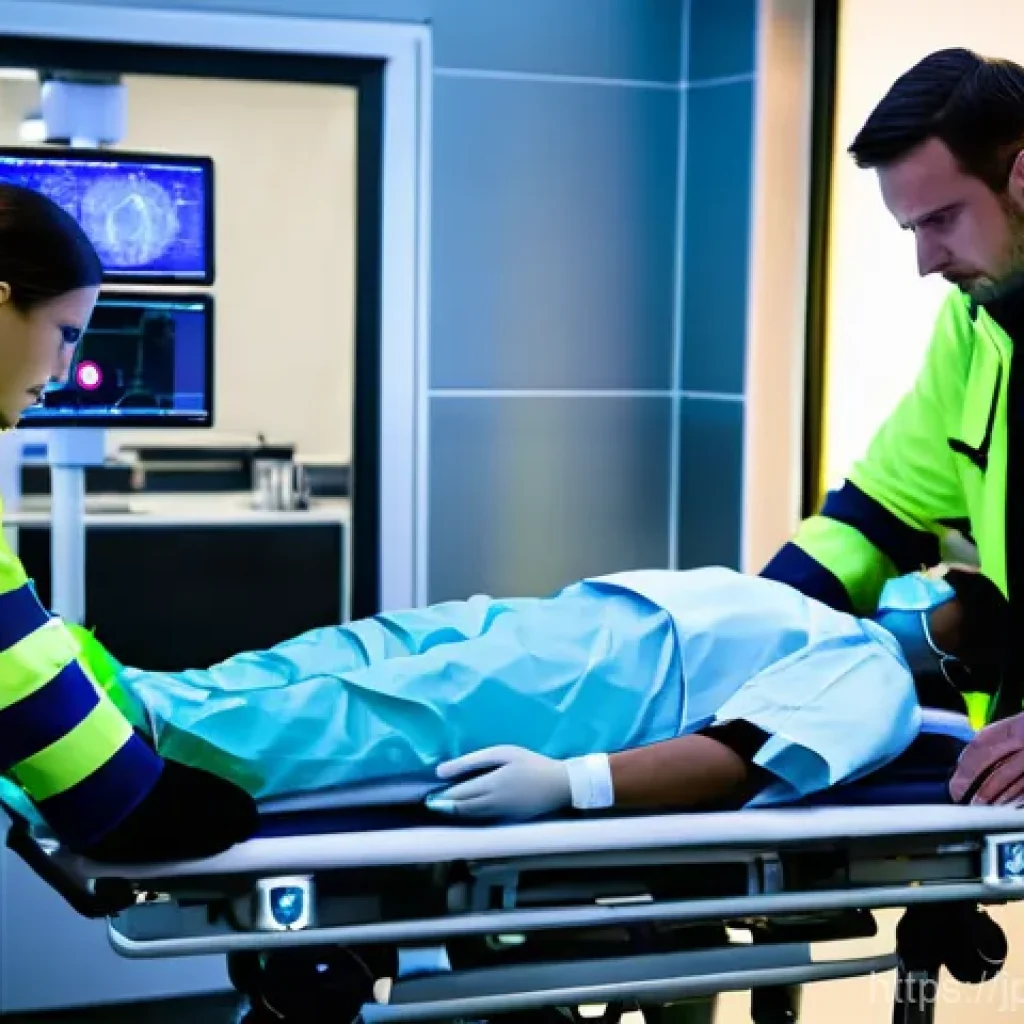 응급구조사와 출동 준비 과정 - **Prompt:** "A highly realistic, dynamic image of multiple fully clothed paramedics in modern emerge...