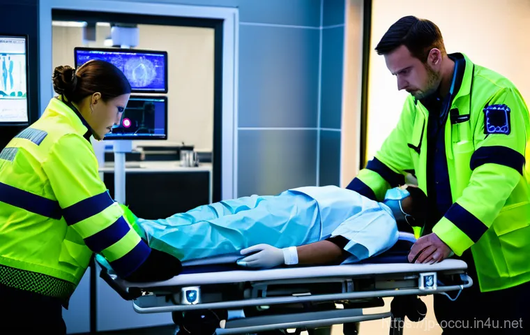 응급구조사와 출동 준비 과정 - **Prompt:** "A highly realistic, dynamic image of multiple fully clothed paramedics in modern emerge...