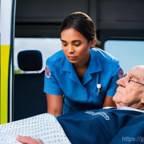 응급구조사와 의료 분쟁 예방 - **Prompt:** A compassionate female emergency medical technician (EMT) in a clean, modern ambulance, ...