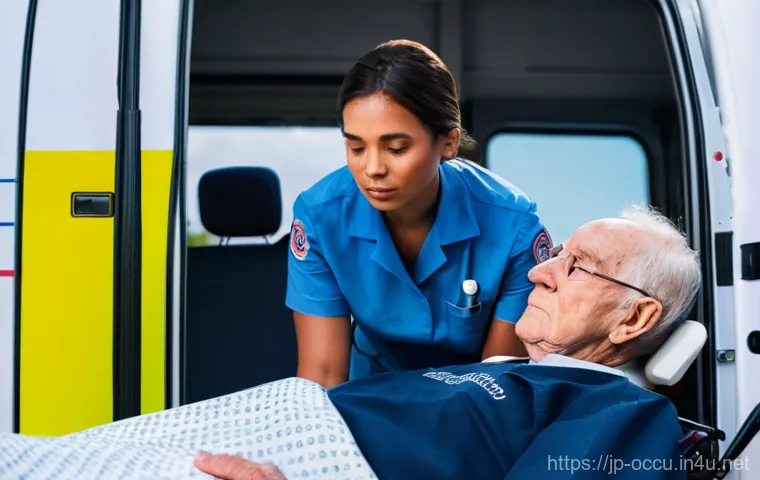 응급구조사와 의료 분쟁 예방 - **Prompt:** A compassionate female emergency medical technician (EMT) in a clean, modern ambulance, ...