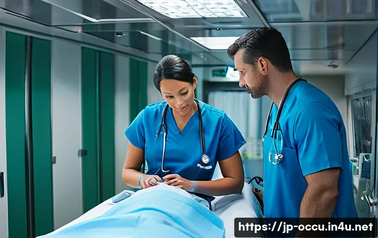 응급구조사 커리어 목표 설정 - **Hospital Integration:** A paramedic, mid-30s, wearing a clean hospital-affiliated paramedic unifor...