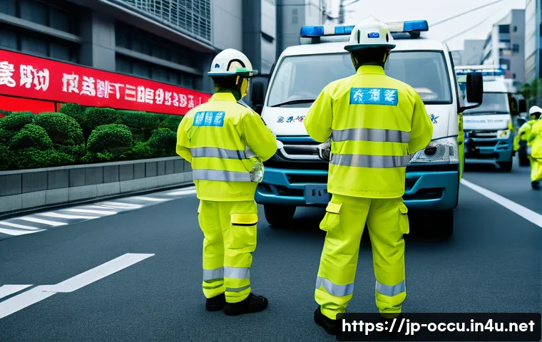 응급구조사와 응급콜센터 - A dynamic scene of professional Japanese emergency paramedics in action at a disaster site, wearing ...