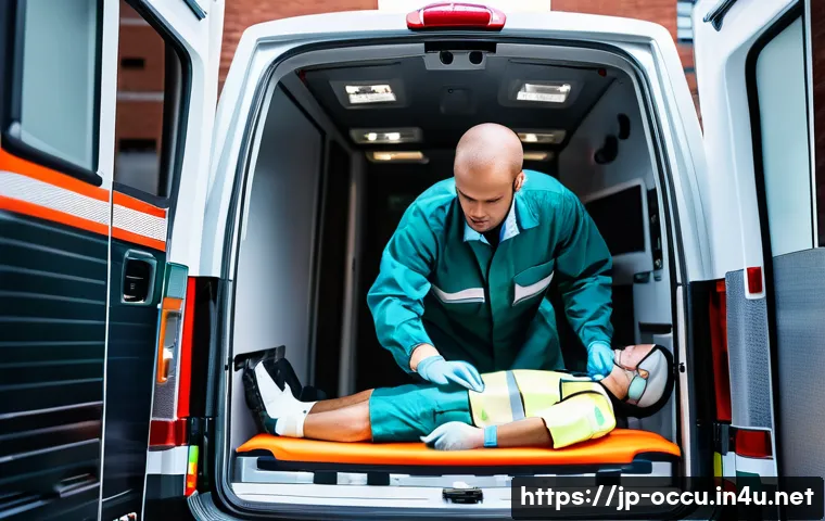 응급구조사 해외 취업 가이드 - A professional emergency medical technician (EMT) in a modern urban ambulance setting, wearing full ...