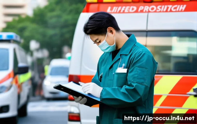 응급구조사 법률 지식 - A professional Japanese paramedic in full uniform, wearing medical gloves and a face mask, carefully...