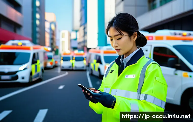 응급구조사 디지털 도구 - A Japanese emergency responder in a modern urban setting, wearing a lightweight, high-tech uniform w...