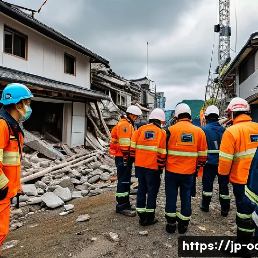 응급구조사와 응급재난 체계 - A dynamic emergency rescue scene at a disaster site in Japan, featuring a diverse team of profession...