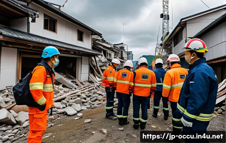 응급구조사와 응급재난 체계 - A dynamic emergency rescue scene at a disaster site in Japan, featuring a diverse team of profession...