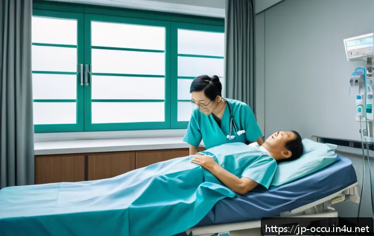 응급구조사와 호흡기 응급처치 - A detailed and realistic hospital emergency scene showing a middle-aged Japanese man sitting upright...
