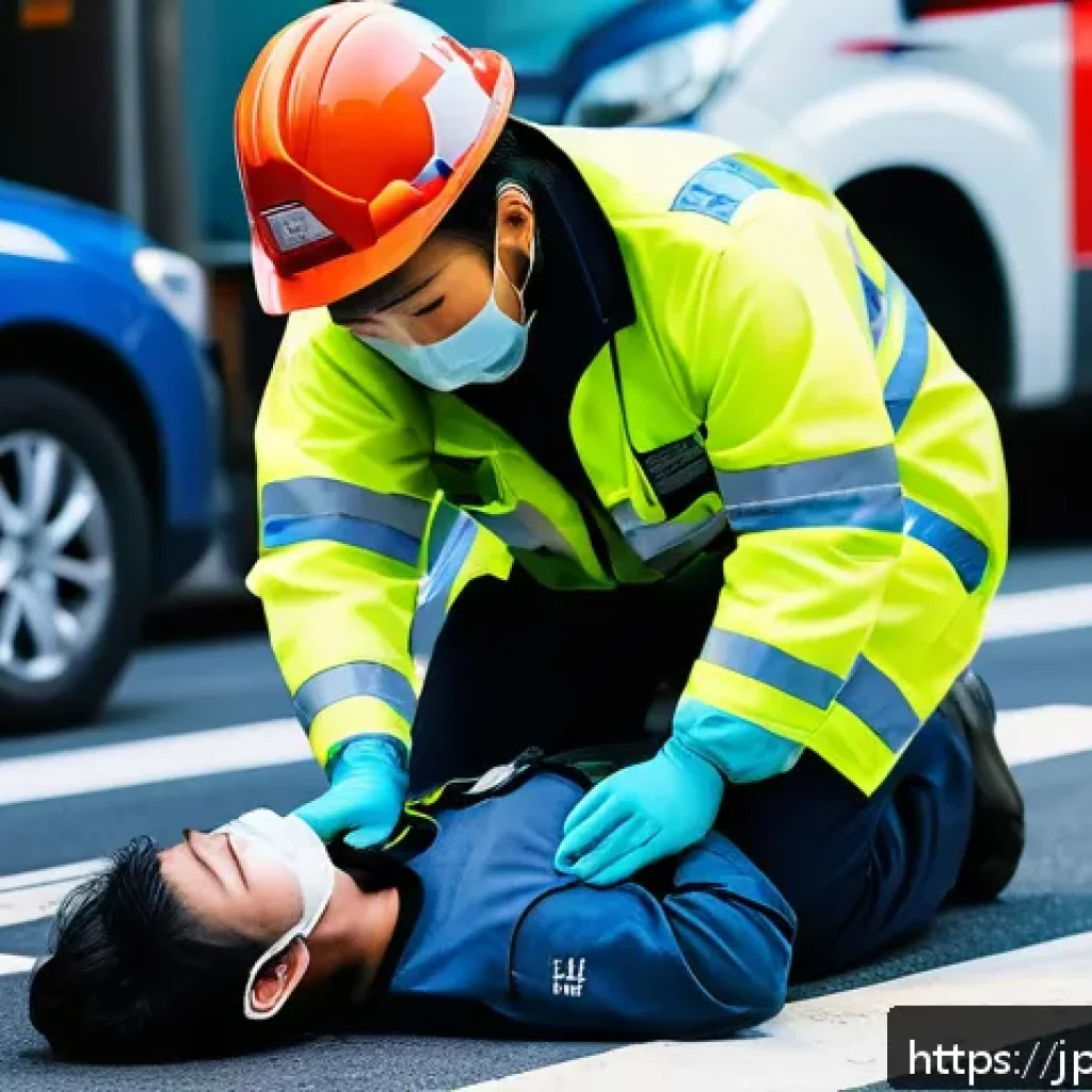 응급구조사와 응급 생명 구조 원칙 - A calm and focused Japanese emergency responder wearing professional rescue gear and gloves, perform...