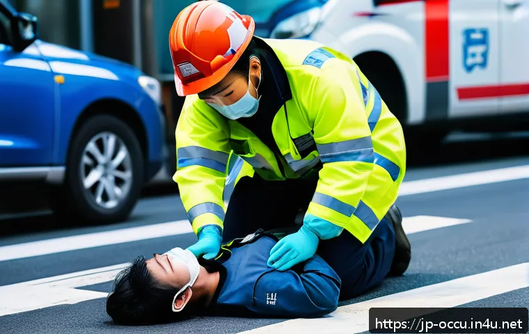 응급구조사와 응급 생명 구조 원칙 - A calm and focused Japanese emergency responder wearing professional rescue gear and gloves, perform...
