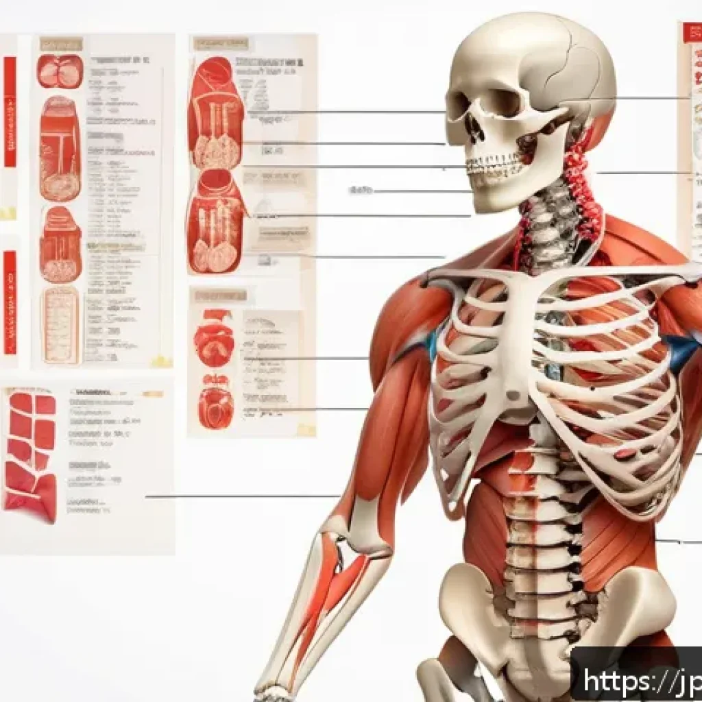 응급구조사 기초 의학 개념 - A detailed anatomical illustration of the human skeletal and muscular system, showing bones and musc...