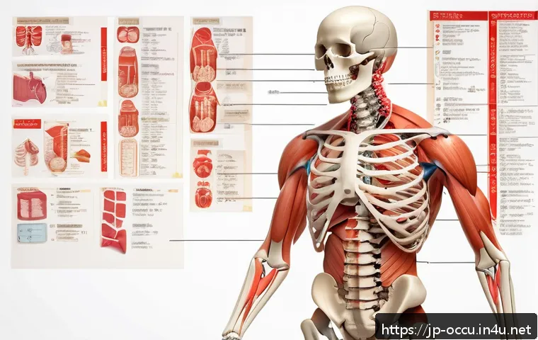 응급구조사 기초 의학 개념 - A detailed anatomical illustration of the human skeletal and muscular system, showing bones and musc...