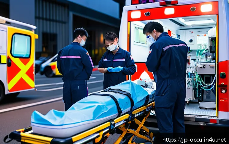 응급구조사와 직업적인 성장 - A professional paramedic team in a busy urban emergency scene, wearing modern, clean uniforms with v...