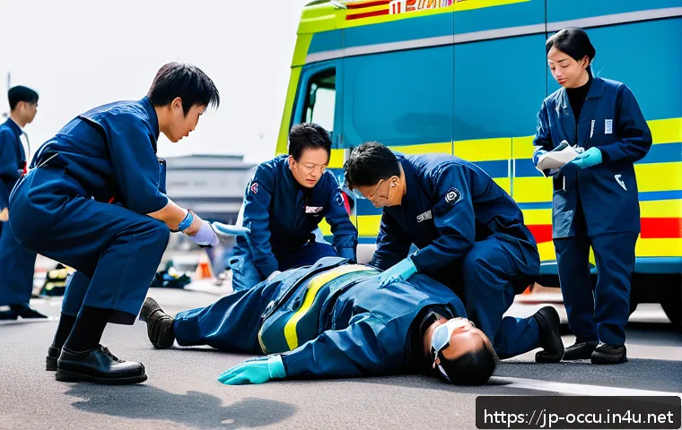 응급구조사 시험 과목 - A dynamic emergency scene depicting a Japanese paramedic team rapidly assessing multiple patients at...