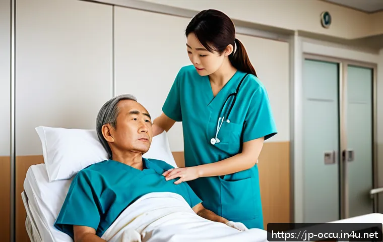 응급구조사와 정신건강 - A calm emergency medical scene showing a Japanese female nurse attentively observing a middle-aged m...