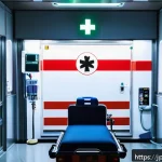 응급구조사 직무 재교육 프로그램 - A dynamic emergency medical training scene in a modern Japanese ambulance station, featuring paramed...