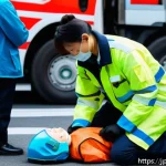 응급구조사 장단점 분석 - A professional Japanese paramedic in modern emergency medical uniform, performing CPR on an adult pa...
