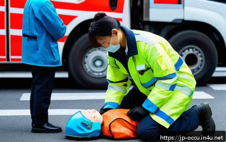 응급구조사 장단점 분석 - A professional Japanese paramedic in modern emergency medical uniform, performing CPR on an adult pa...