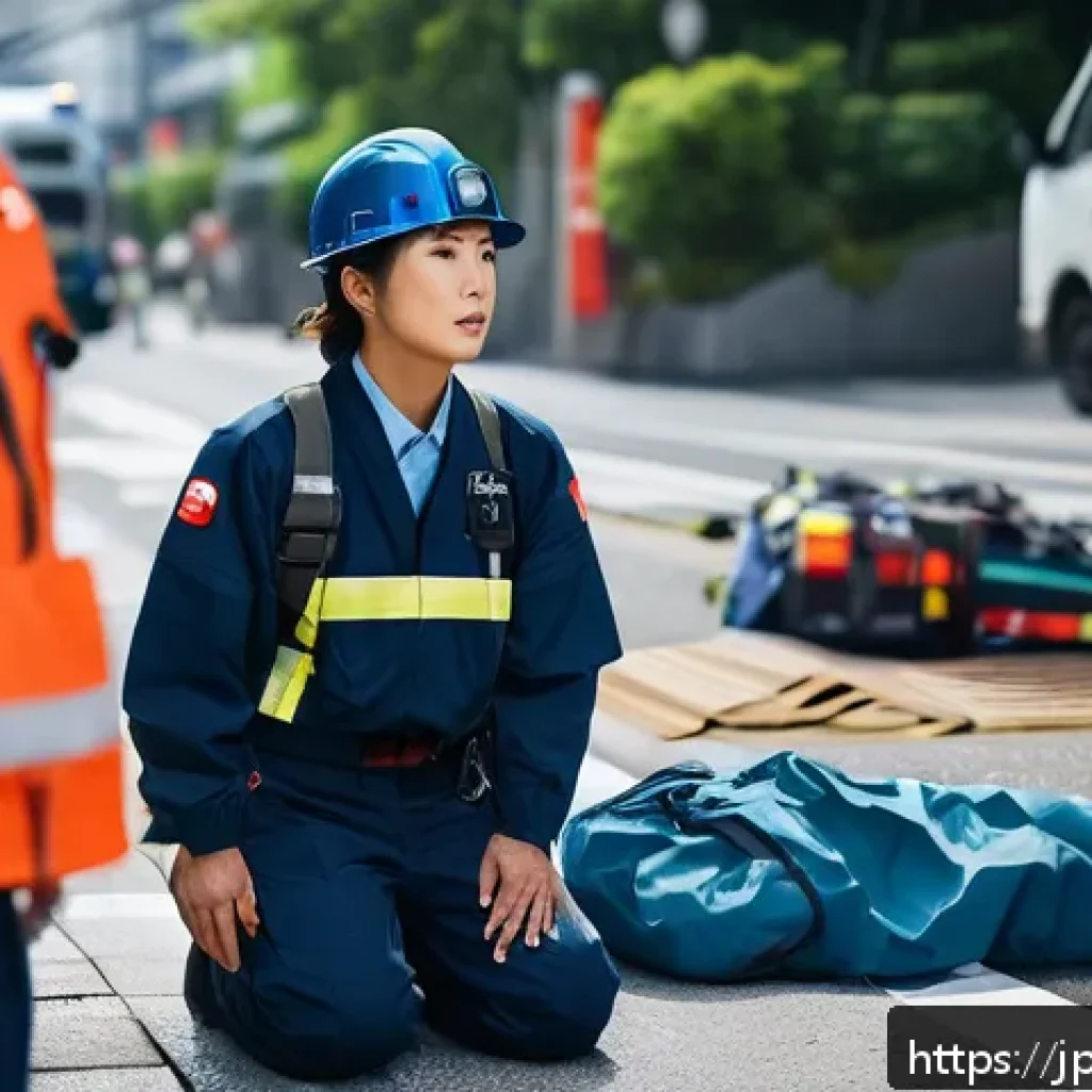 응급구조사와 구조 후 스트레스 관리 - A Japanese emergency responder in modern uniform, taking a deep abdominal breath during a brief brea...