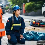 응급구조사와 구조 후 스트레스 관리 - A Japanese emergency responder in modern uniform, taking a deep abdominal breath during a brief brea...