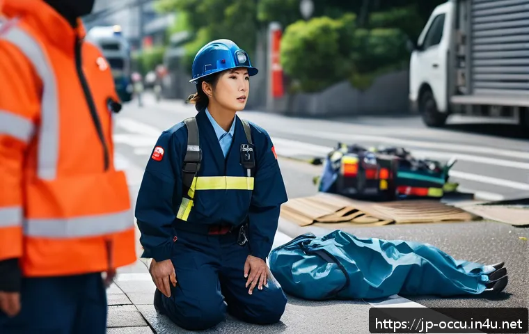 응급구조사와 구조 후 스트레스 관리 - A Japanese emergency responder in modern uniform, taking a deep abdominal breath during a brief brea...