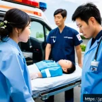 응급구조사와 직무 관련 법률 사례 - A detailed scene of a Japanese emergency medical technician (EMT) wearing a professional uniform wit...