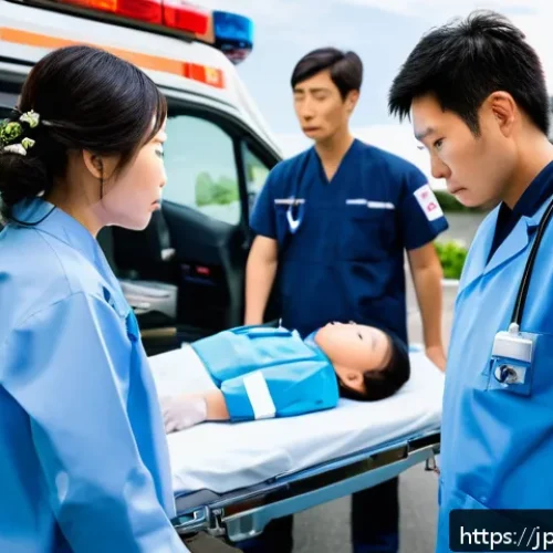 응급구조사와 직무 관련 법률 사례 - A detailed scene of a Japanese emergency medical technician (EMT) wearing a professional uniform wit...