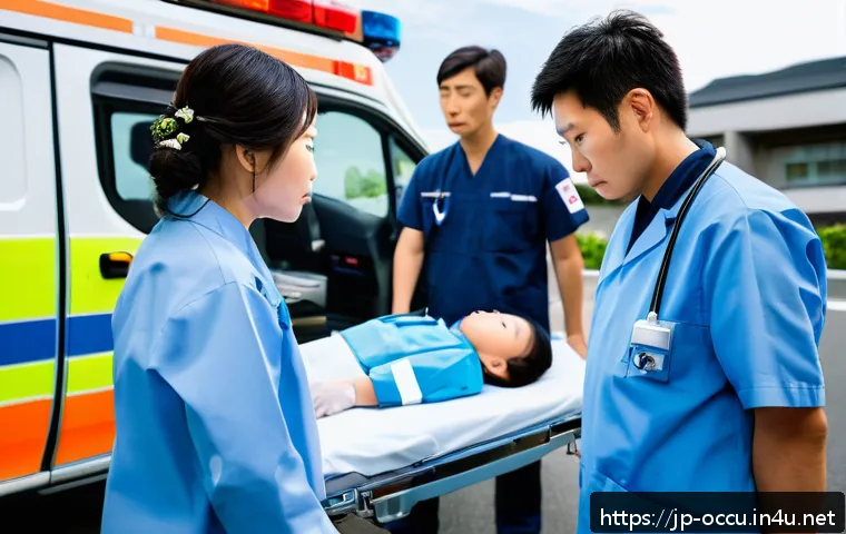 응급구조사와 직무 관련 법률 사례 - A detailed scene of a Japanese emergency medical technician (EMT) wearing a professional uniform wit...