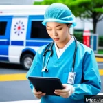 응급구조사와 출동 중 기록 관리 - A Japanese emergency medical technician wearing a standard uniform with visible insignia, using a sl...