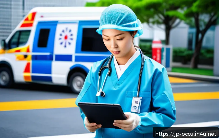 응급구조사와 출동 중 기록 관리 - A Japanese emergency medical technician wearing a standard uniform with visible insignia, using a sl...
