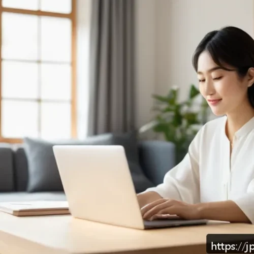 응급구조사 자격증 유지 비용 - A modern Japanese professional woman sitting comfortably at home using a laptop for an online certif...
