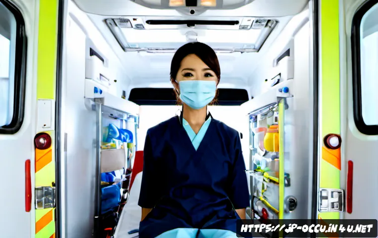 응급구조사와 전문 응급처치 방법 - Photorealistic Japanese emergency medical technician in a clean modern ambulance interior, carefully...