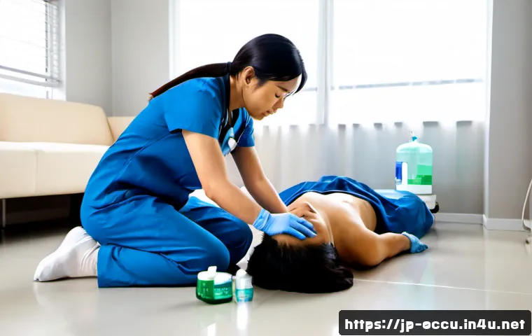 응급구조사와 독극물 중독 응급처치 - Photorealistic Japanese emergency medical technician in a clean modern apartment, calmly treating an...