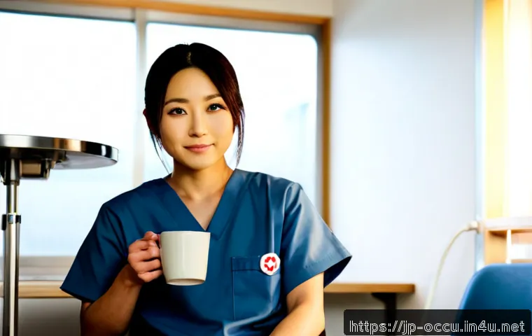 응급구조사 감정노동 관리 - Photorealistic Japanese emergency medical technician in a quiet hospital staff lounge after a demand...