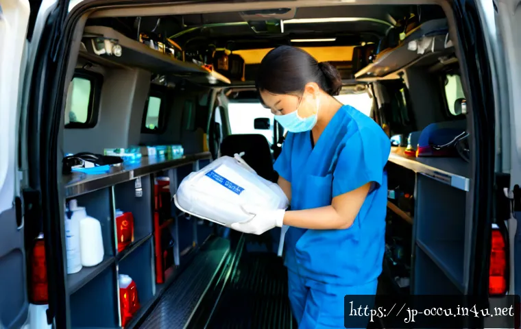 응급구조사 출동 장비 점검법 - Photorealistic Japanese emergency medical technician carefully inspecting trauma response equipment ...