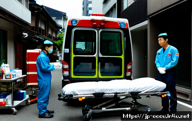 응급구조사와 의료재난 대응 전략 - Photorealistic Japanese emergency medical responders in clean protective uniforms coordinating disas...