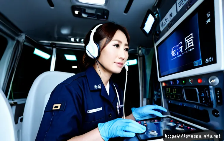 응급구조사와 응급통신 시스템 - Photorealistic Japanese emergency medical technician in a clean modern ambulance, wearing a navy uni...