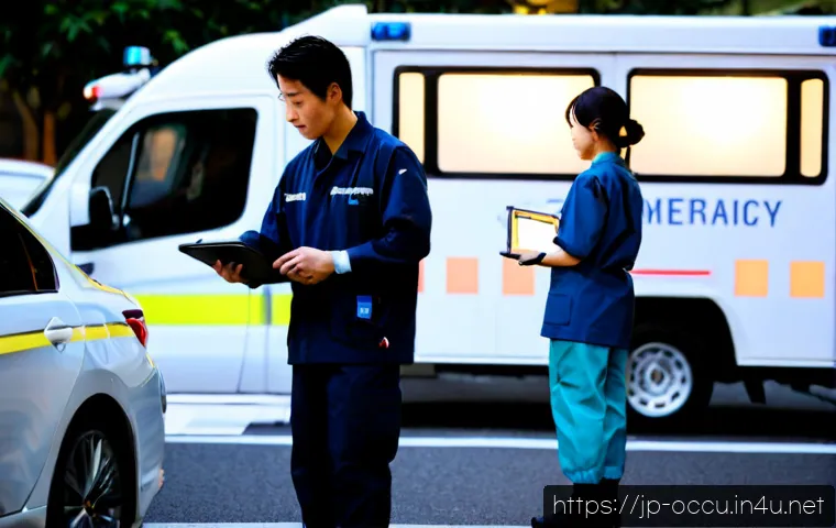 응급구조사와 EMS 발전 방향 - Photorealistic Japanese emergency medical technicians in clean modern uniforms coordinating beside a...